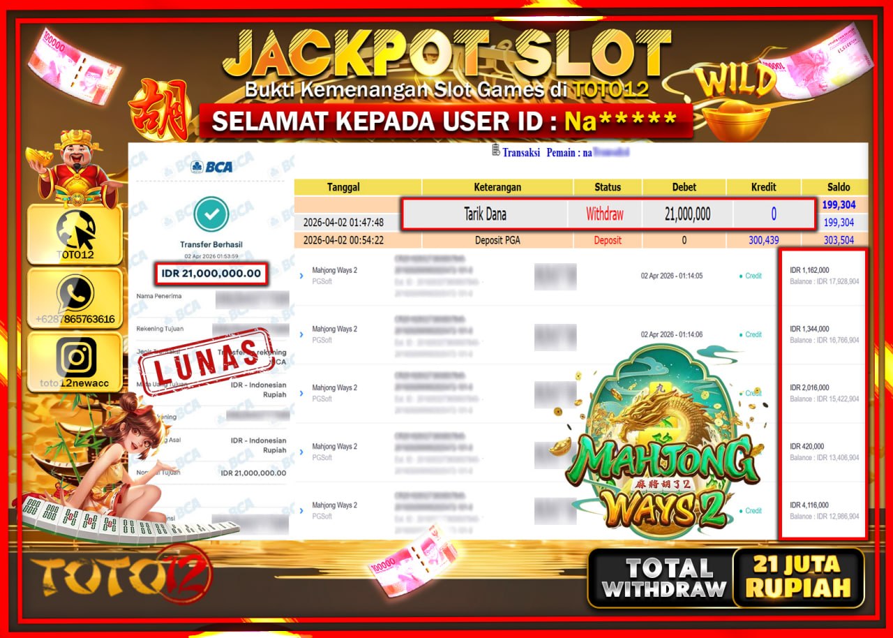 HANYA DI TOTO12 JP PASTI DI BAYAR LUNAS DAN CEPAT!!!!!! JACKPOT SLOT GAME (MAHJONG WAYS 2) Rp.21.000.000!!!!