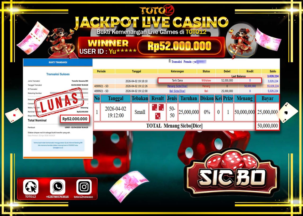 HANYA DI TOTO12 JP PASTI DI BAYAR LUNAS DAN CEPAT!!!!!! JACKPOT LIVE GAMES CASINO (SICBO DICE) Rp.52.000.000!!!!