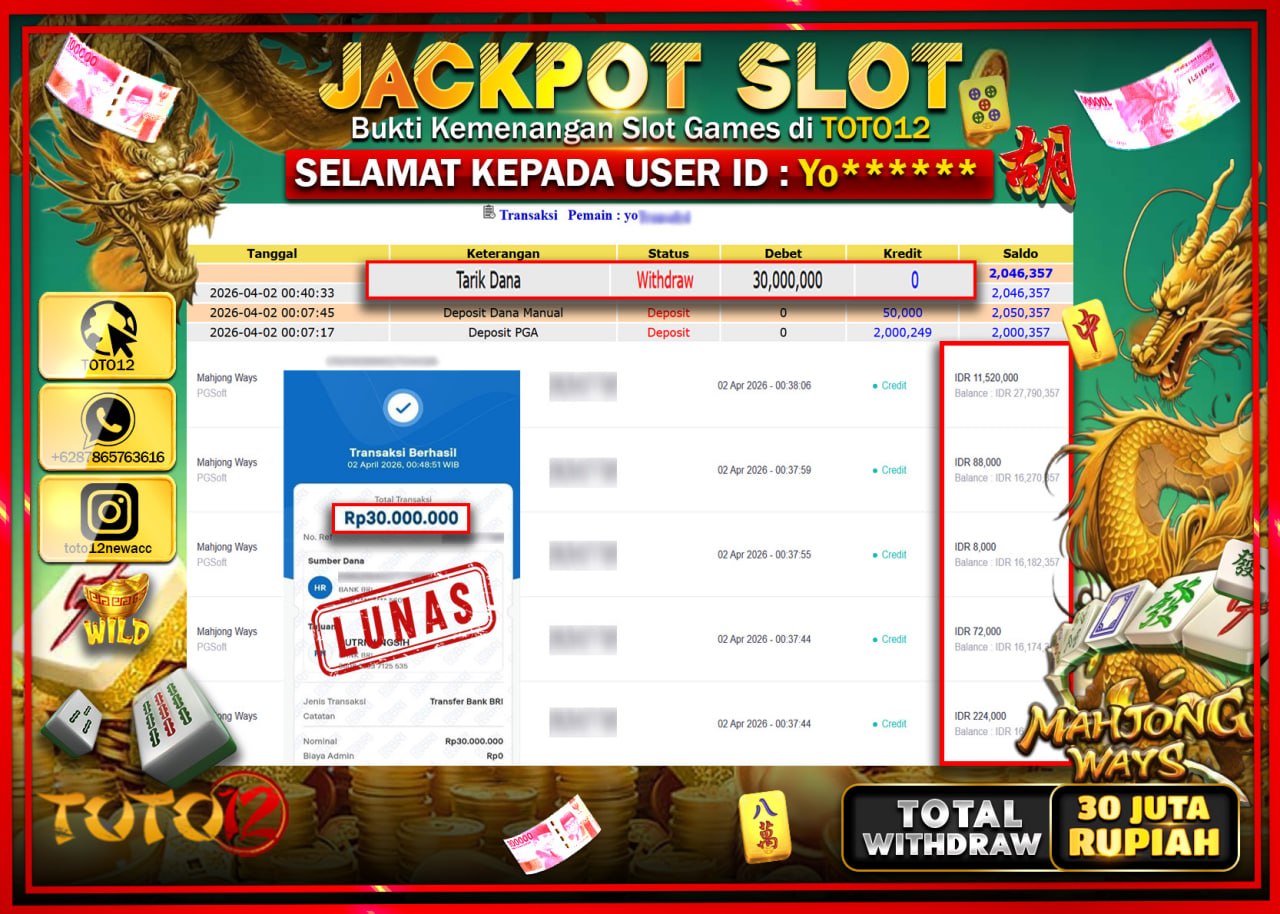 HANYA DI TOTO12 JP PASTI DI BAYAR LUNAS DAN CEPAT!!!!!! JACKPOT SLOT GAME (MAHJONG WAYS) Rp.30.000.000!!!!