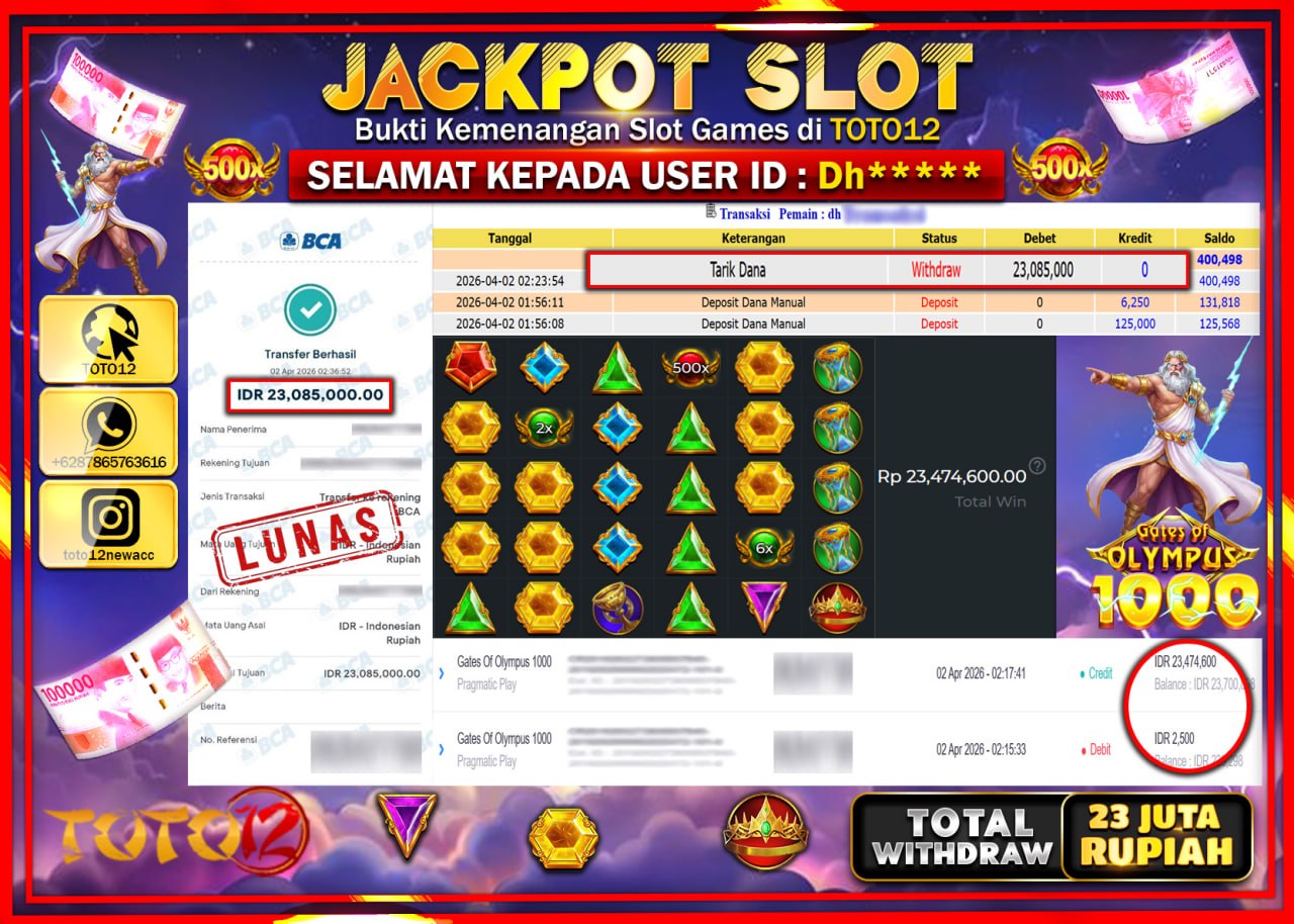 HANYA DI TOTO12 JP PASTI DI BAYAR LUNAS DAN CEPAT!!!!!! JACKPOT SLOT GAME (GATES OF OLYMPUS 1000) Rp.23.085.000!!!!