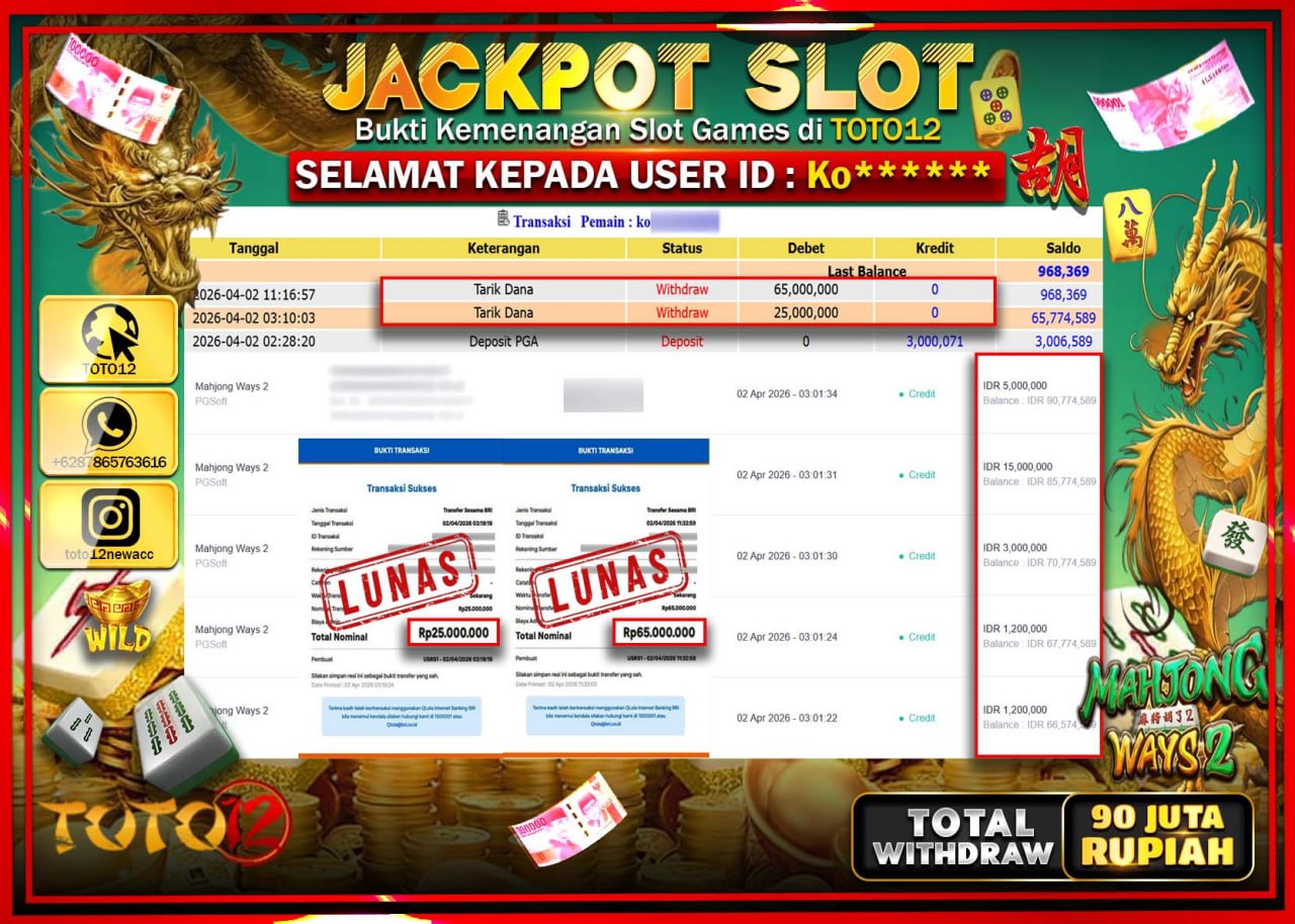 HANYA DI TOTO12 JP PASTI DI BAYAR LUNAS DAN CEPAT!!!!!! JACKPOT SLOT GAME (MAHJONG WAYS 2) Rp.90.000.000!!!!