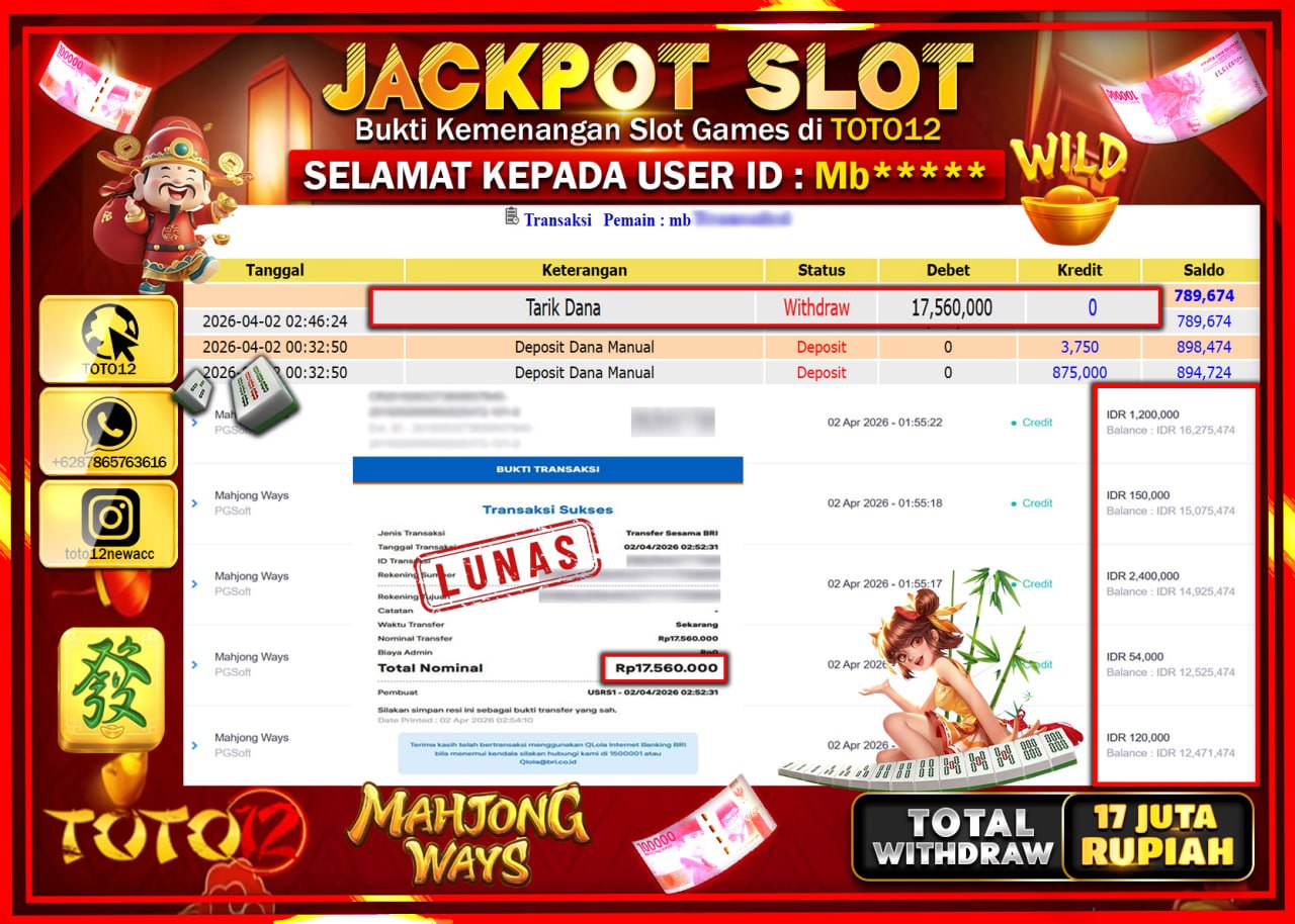 HANYA DI TOTO12 JP PASTI DI BAYAR LUNAS DAN CEPAT!!!!!! JACKPOT SLOT GAME (MAHJONG WAYS) Rp.17.560.000!!!!