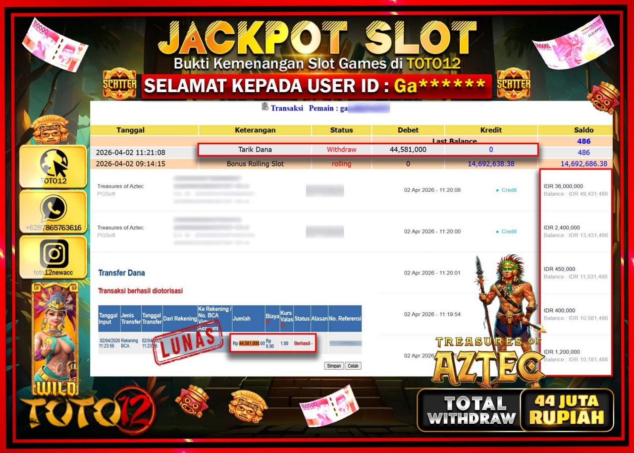 HANYA DI TOTO12 JP PASTI DI BAYAR LUNAS DAN CEPAT!!!!!! JACKPOT SLOT GAME (TRASURE OF AZTEC) Rp.44.581.000!!!!