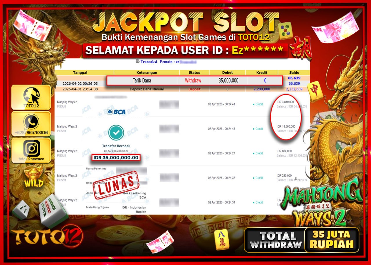 HANYA DI TOTO12 JP PASTI DI BAYAR LUNAS DAN CEPAT!!!!!! JACKPOT SLOT GAME (MAHJONG WAYS 2) Rp.35.000.000!!!!
