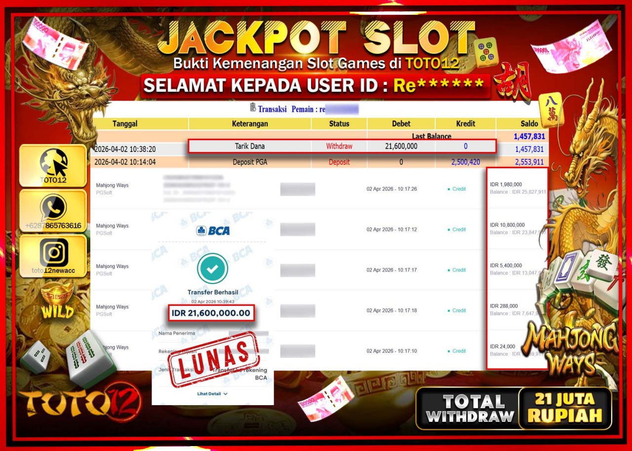 HANYA DI TOTO12 JP PASTI DI BAYAR LUNAS DAN CEPAT!!!!!! JACKPOT SLOT GAME (MAHJONG WAYS) Rp.21.600.000!!!!