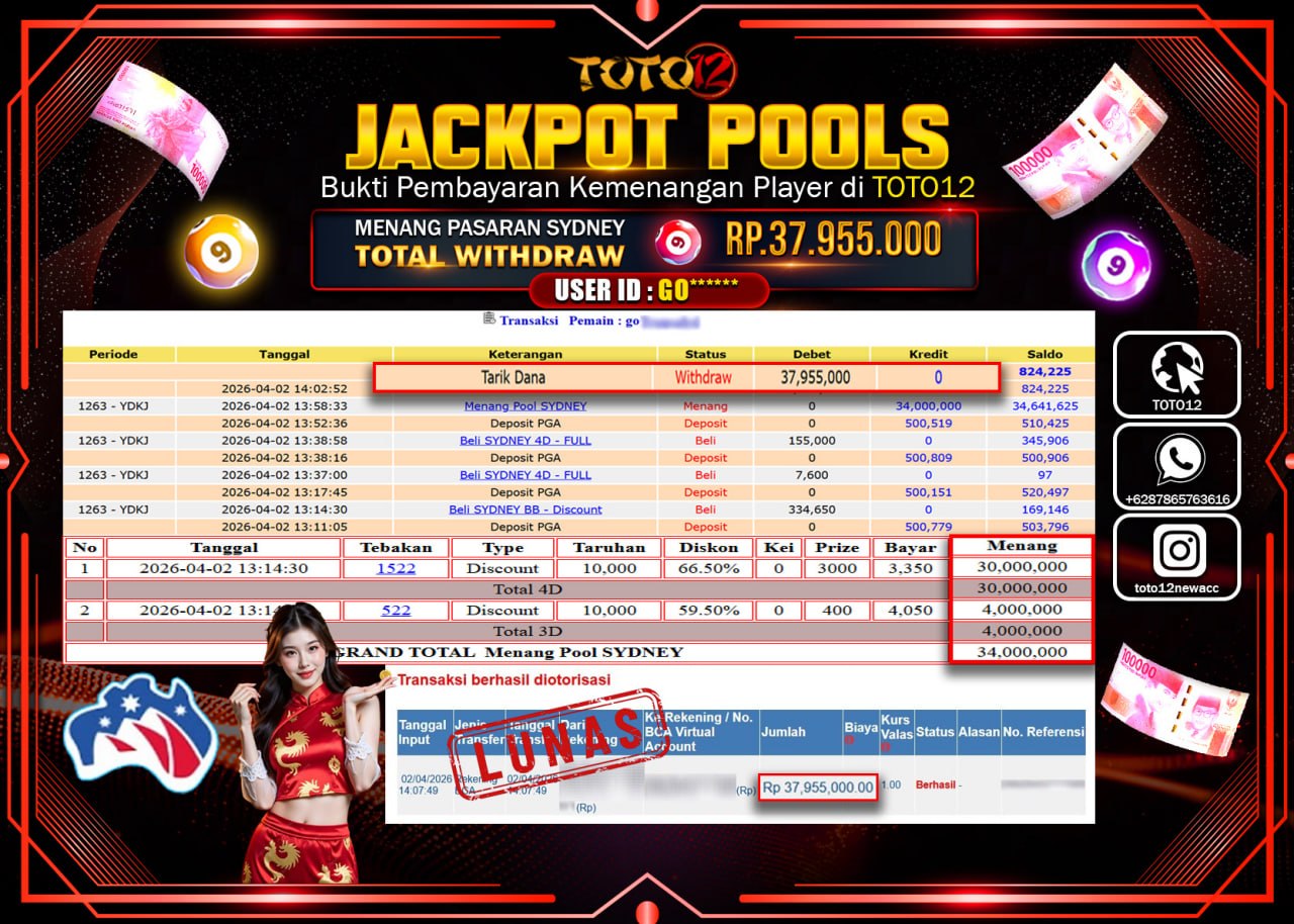 HANYA DI TOTO12 JP PASTI DI BAYAR LUNAS DAN CEPAT!!!!!! JACKPOT POOLS PASARAN( SYDNEY ) Rp.37.955.000!!!!