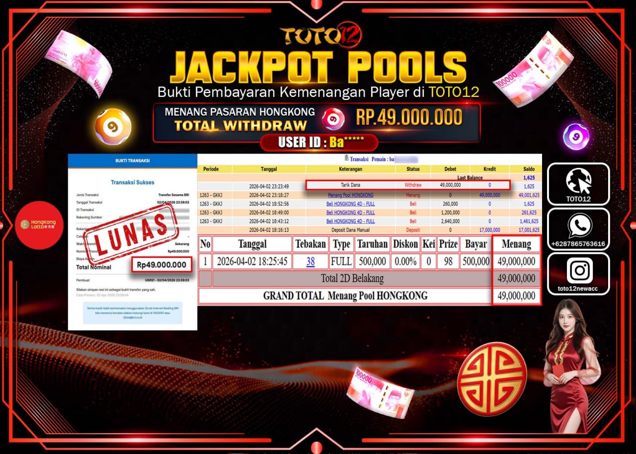 HANYA DI TOTO12 JP PASTI DI BAYAR LUNAS DAN CEPAT!!!!!! JACKPOT POOLS PASARAN( HONGKONG ) Rp.49.000.000!!!!