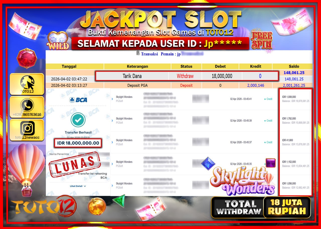 HANYA DI TOTO12 JP PASTI DI BAYAR LUNAS DAN CEPAT!!!!!! JACKPOT SLOT GAME (SKYLIGHT WONDERS) Rp.18.000.000!!!!