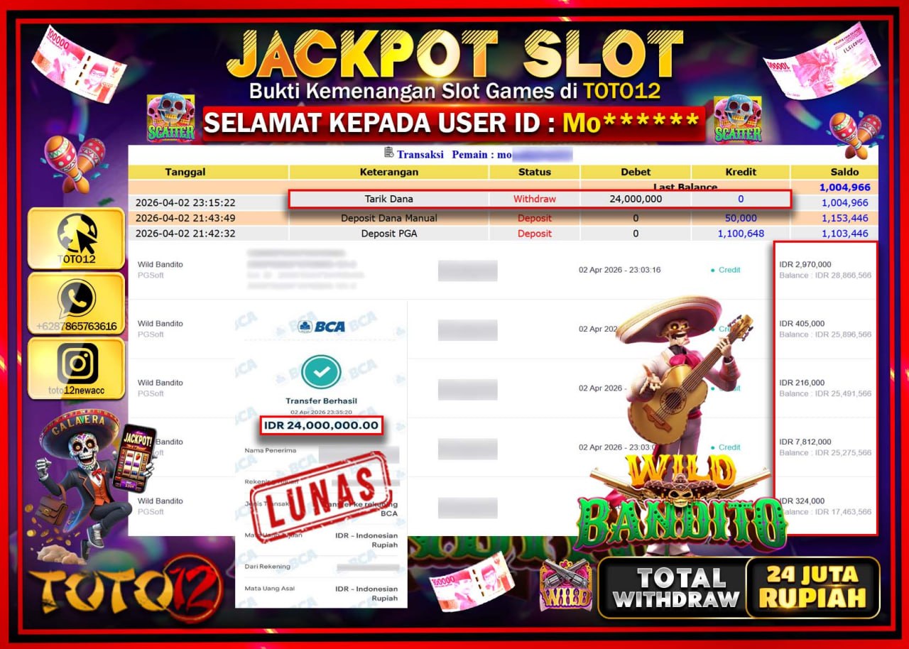HANYA DI TOTO12 JP PASTI DI BAYAR LUNAS DAN CEPAT!!!!!! JACKPOT SLOT GAME (WILD BANDITO) Rp.24.000.000!!!!