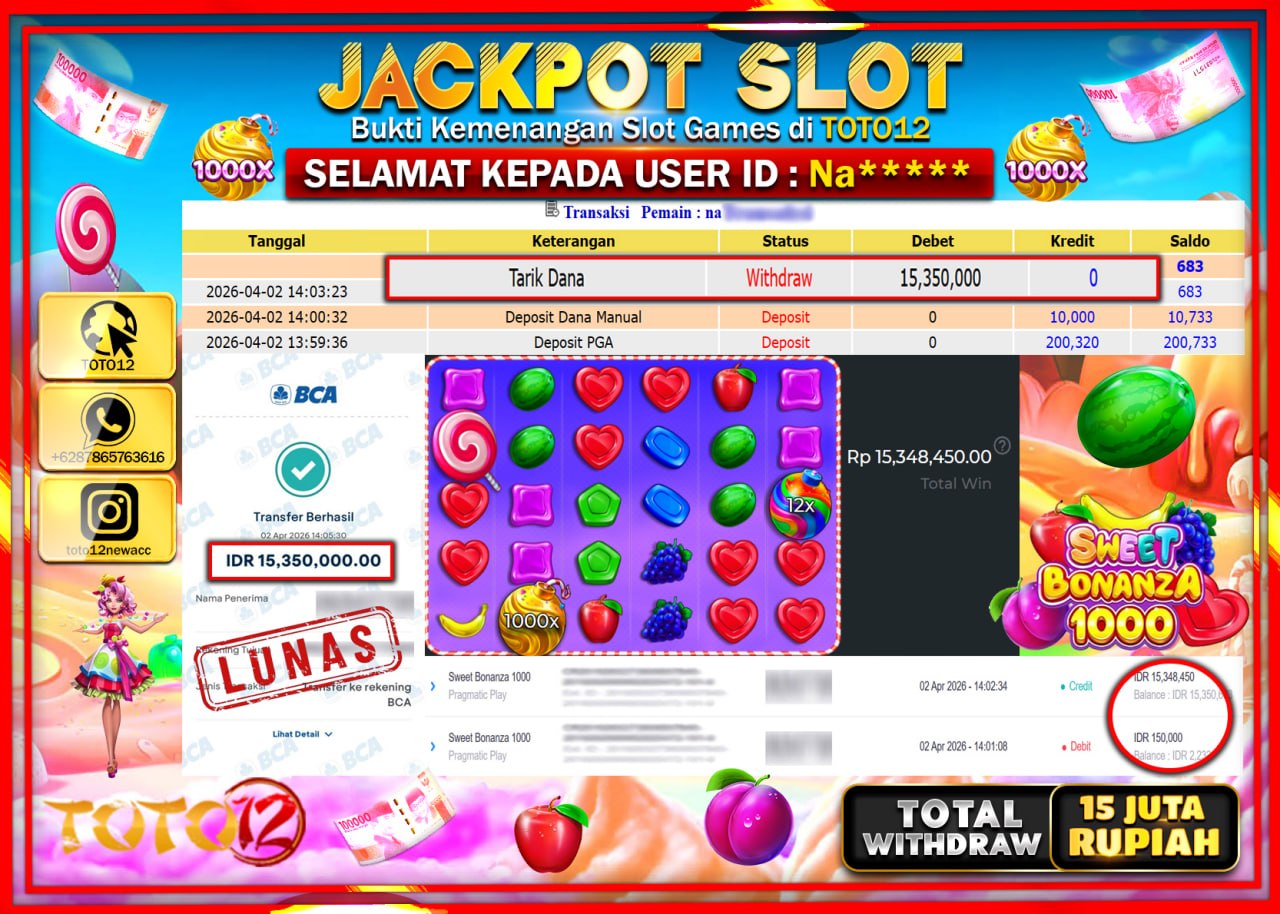 HANYA DI TOTO12 JP PASTI DI BAYAR LUNAS DAN CEPAT!!!!!! JACKPOT SLOT GAME (SWEET BONANZA 1000) Rp.15.350.000!!!!