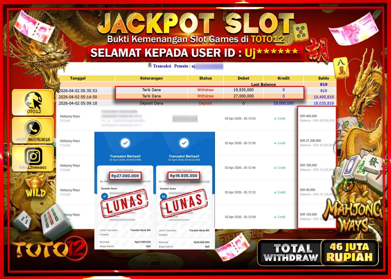 HANYA DI TOTO12 JP PASTI DI BAYAR LUNAS DAN CEPAT!!!!!! JACKPOT SLOT GAME (MAHJONG WAYS) Rp.46.935.000!!!!
