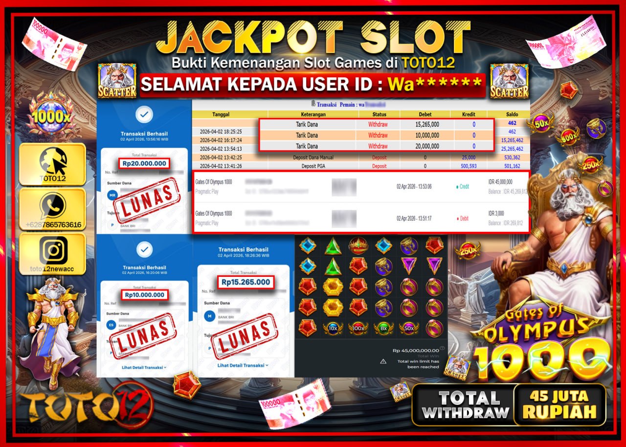HANYA DI TOTO12 JP PASTI DI BAYAR LUNAS DAN CEPAT!!!!!! JACKPOT SLOT GAME (GATES OF OLYMPUS 1000) Rp.45.265.000!!!!