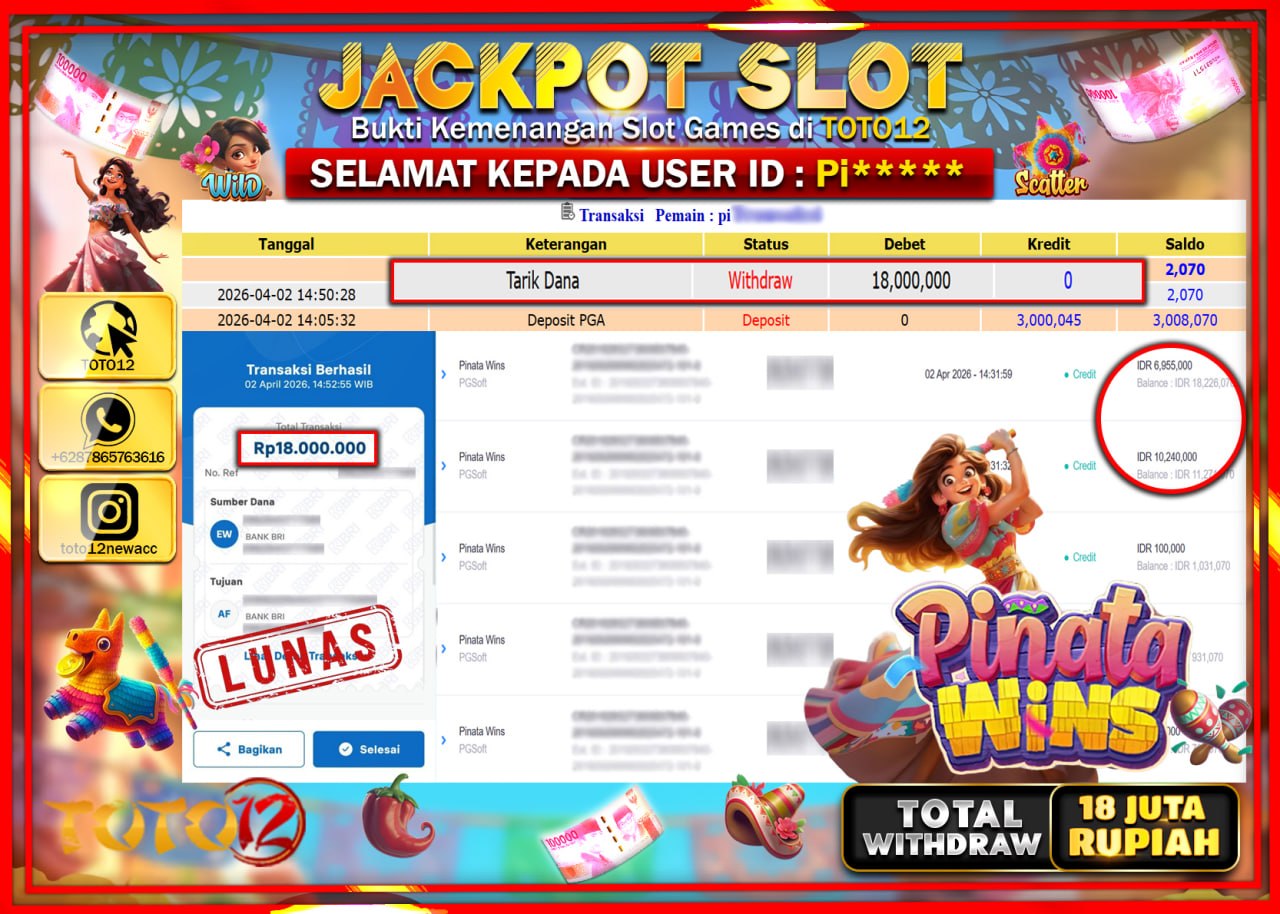 HANYA DI TOTO12 JP PASTI DI BAYAR LUNAS DAN CEPAT!!!!!! JACKPOT SLOT GAME (PINATA WINS) Rp.18.000.000!!!!