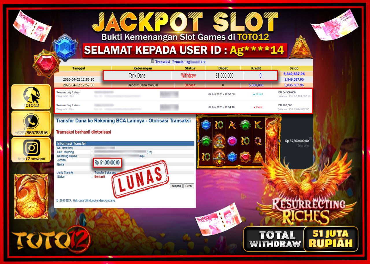 HANYA DI TOTO12 JP PASTI DI BAYAR LUNAS DAN CEPAT!!!!!! JACKPOT SLOT GAME (RESURRECTING RICHES) Rp.51.000.000!!!!