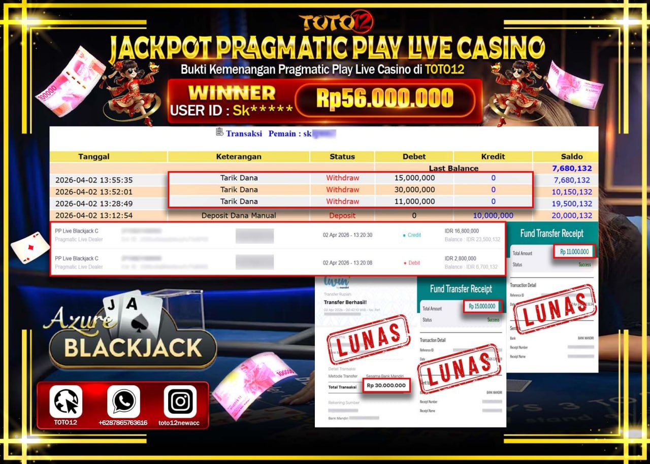 HANYA DI TOTO12 JP PASTI DI BAYAR LUNAS DAN CEPAT!!!!!! JACKPOT PRAGMATIC PLAY LIVE GAME CASINO (PP LIVE BLACKJACK C) Rp.56.000.000!!!!