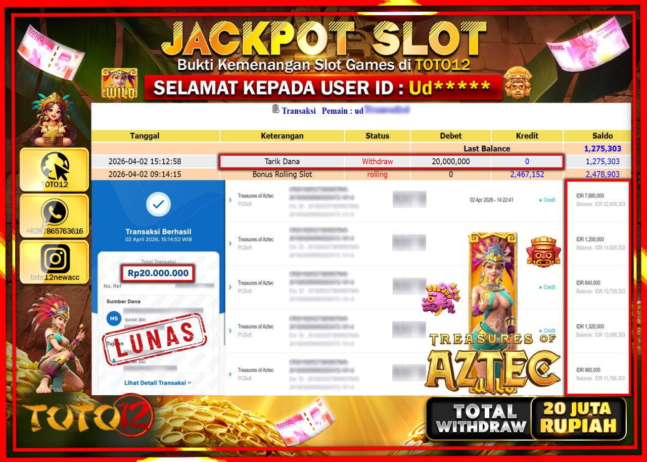 HANYA DI TOTO12 JP PASTI DI BAYAR LUNAS DAN CEPAT!!!!!! JACKPOT SLOT GAME (TREASURES OF AZTEC) Rp.20.000.000!!!!