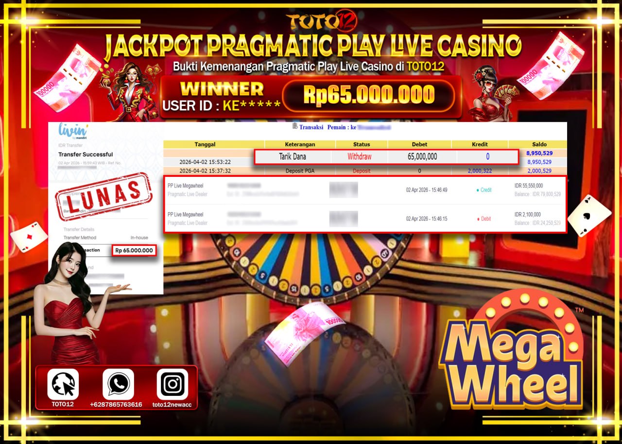 HANYA DI TOTO12 JP PASTI DI BAYAR LUNAS DAN CEPAT!!!!!! JACKPOT PRAGMATIC PLAY LIVE GAME CASINO (PP LIVE MEGAWHEEL) Rp.65.000.000!!!!