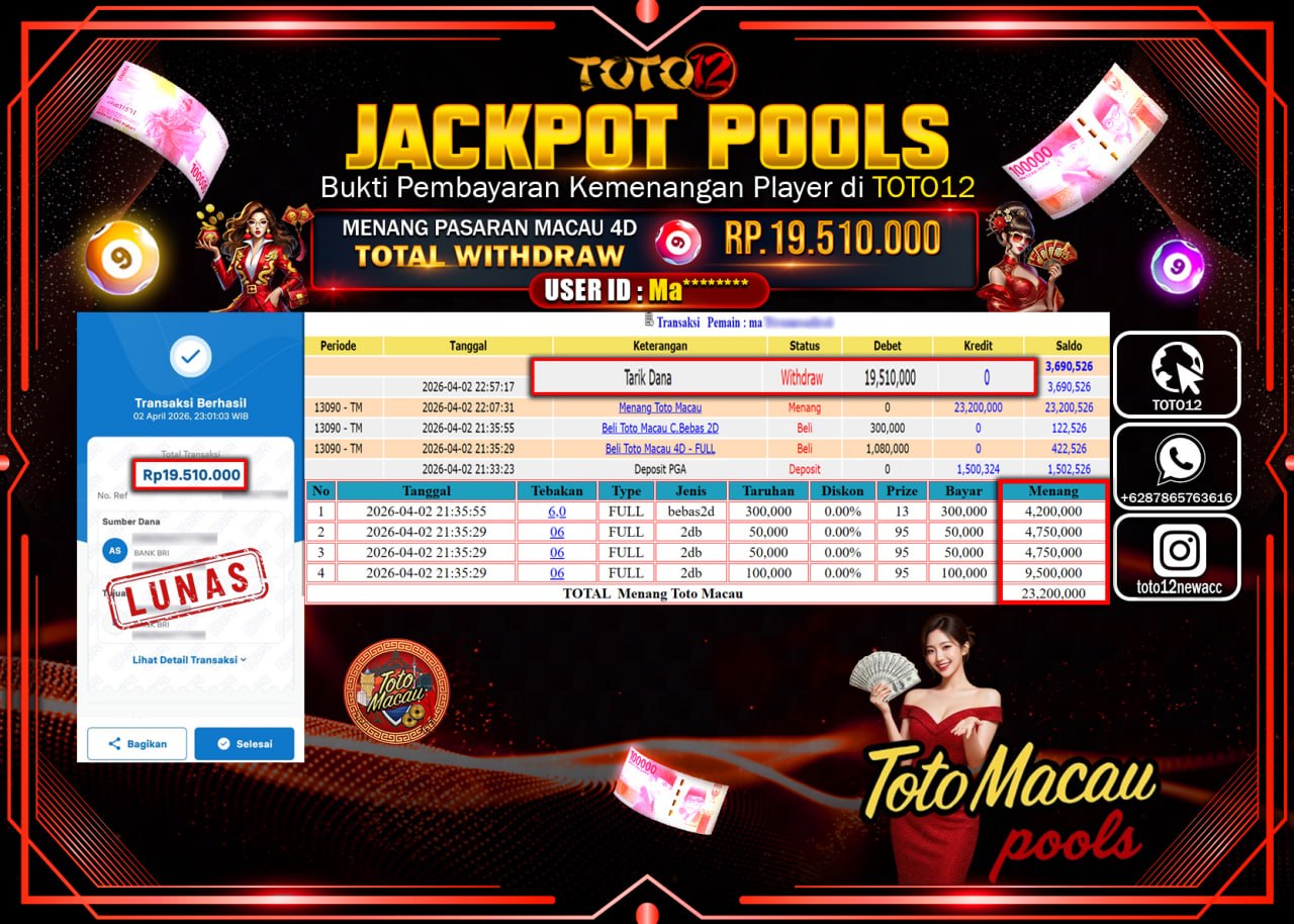 HANYA DI TOTO12 JP PASTI DI BAYAR LUNAS DAN CEPAT!!!!!! JACKPOT POOLS PASARAN( HONGKONG ) Rp.19.510.000!!!!