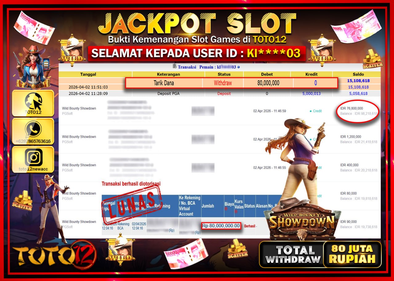 HANYA DI TOTO12 JP PASTI DI BAYAR LUNAS DAN CEPAT!!!!!! JACKPOT SLOT GAME (WILD BOUNTY SHOWDOWN) Rp.80.000.000!!!!