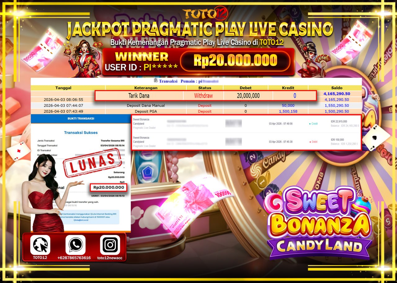 HANYA DI TOTO12 JP PASTI DI BAYAR LUNAS DAN CEPAT!!!!!! JACKPOT PRAGMATIC PLAY LIVE GAME CASINO (SWEET BONANZA CANDYLAND) Rp.20.000.000!!!!