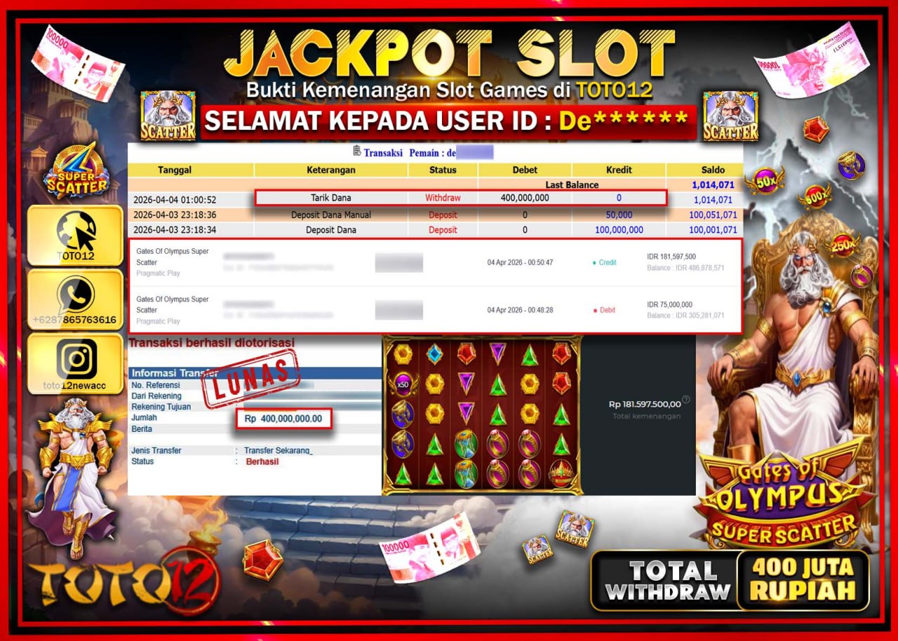 HANYA DI TOTO12 JP PASTI DI BAYAR LUNAS DAN CEPAT!!!!!! JACKPOT SLOT GAME (GATES OF OLYMPUS SUPER SCATTER) Rp.400.000.000!!!!