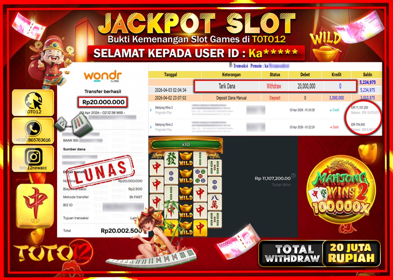 HANYA DI TOTO12 JP PASTI DI BAYAR LUNAS DAN CEPAT!!!!!! JACKPOT SLOT GAME (MAHJONG WINS 2) Rp.20.000.000!!!!