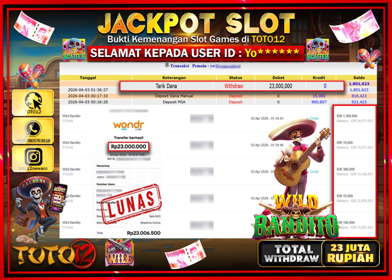 HANYA DI TOTO12 JP PASTI DI BAYAR LUNAS DAN CEPAT!!!!!! JACKPOT SLOT GAME (WILD BANDITO) Rp.23.000.000!!!!