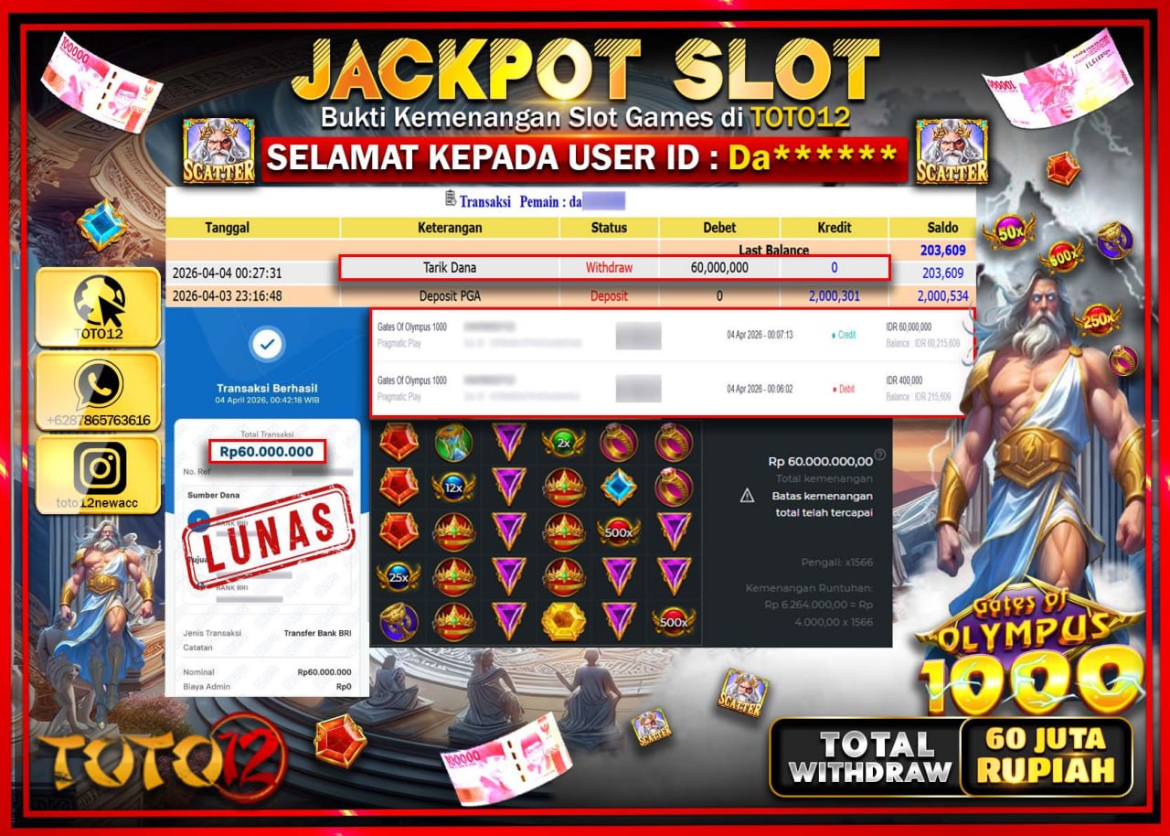 HANYA DI TOTO12 JP PASTI DI BAYAR LUNAS DAN CEPAT!!!!!! JACKPOT SLOT GAME (GATES OF OLYMPUS 1000) Rp.60.000.000!!!!