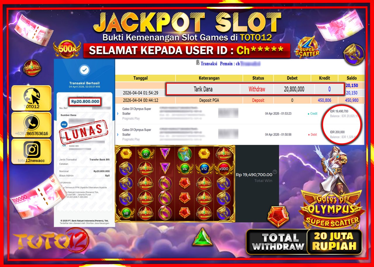 HANYA DI TOTO12 JP PASTI DI BAYAR LUNAS DAN CEPAT!!!!!! JACKPOT SLOT GAME (GATES OF OLYMPUS SUPER SCATTER) Rp.20.800.000!!!!
