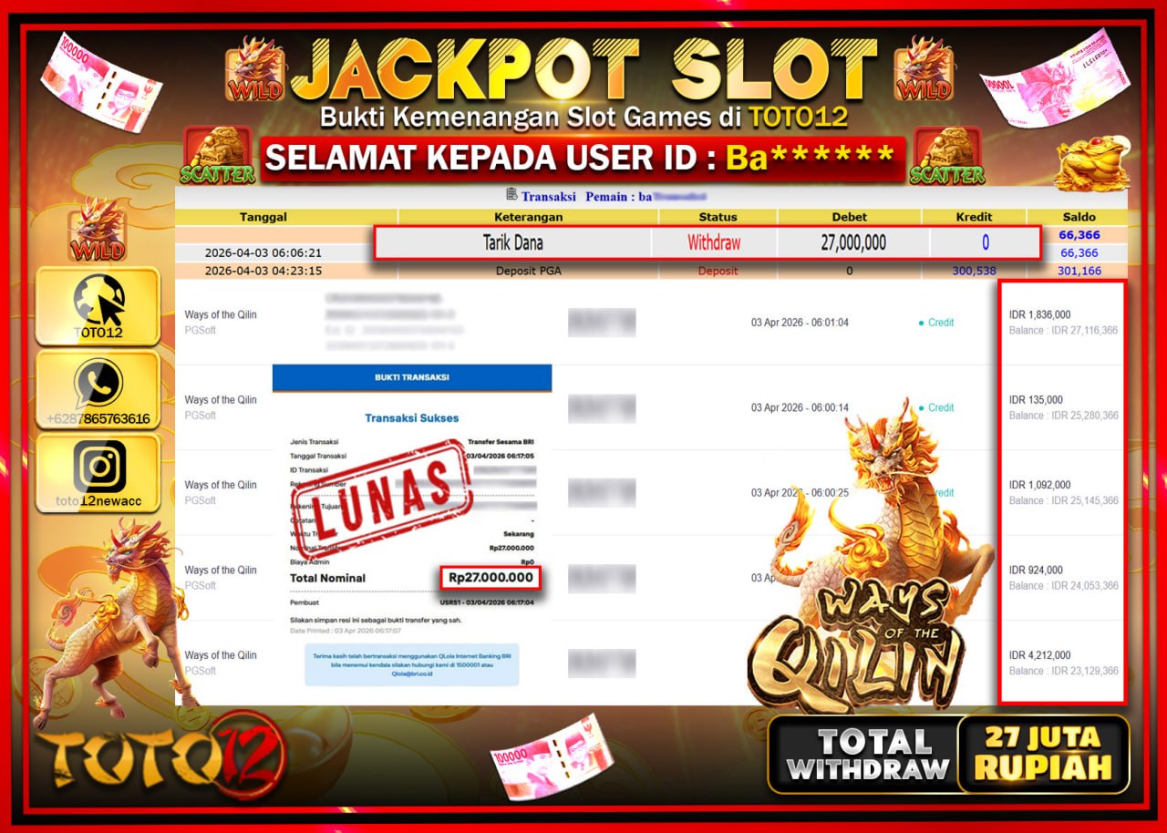 HANYA DI TOTO12 JP PASTI DI BAYAR LUNAS DAN CEPAT!!!!!! JACKPOT SLOT GAME (WAYS OF THE QILIN) Rp.27.000.000!!!!