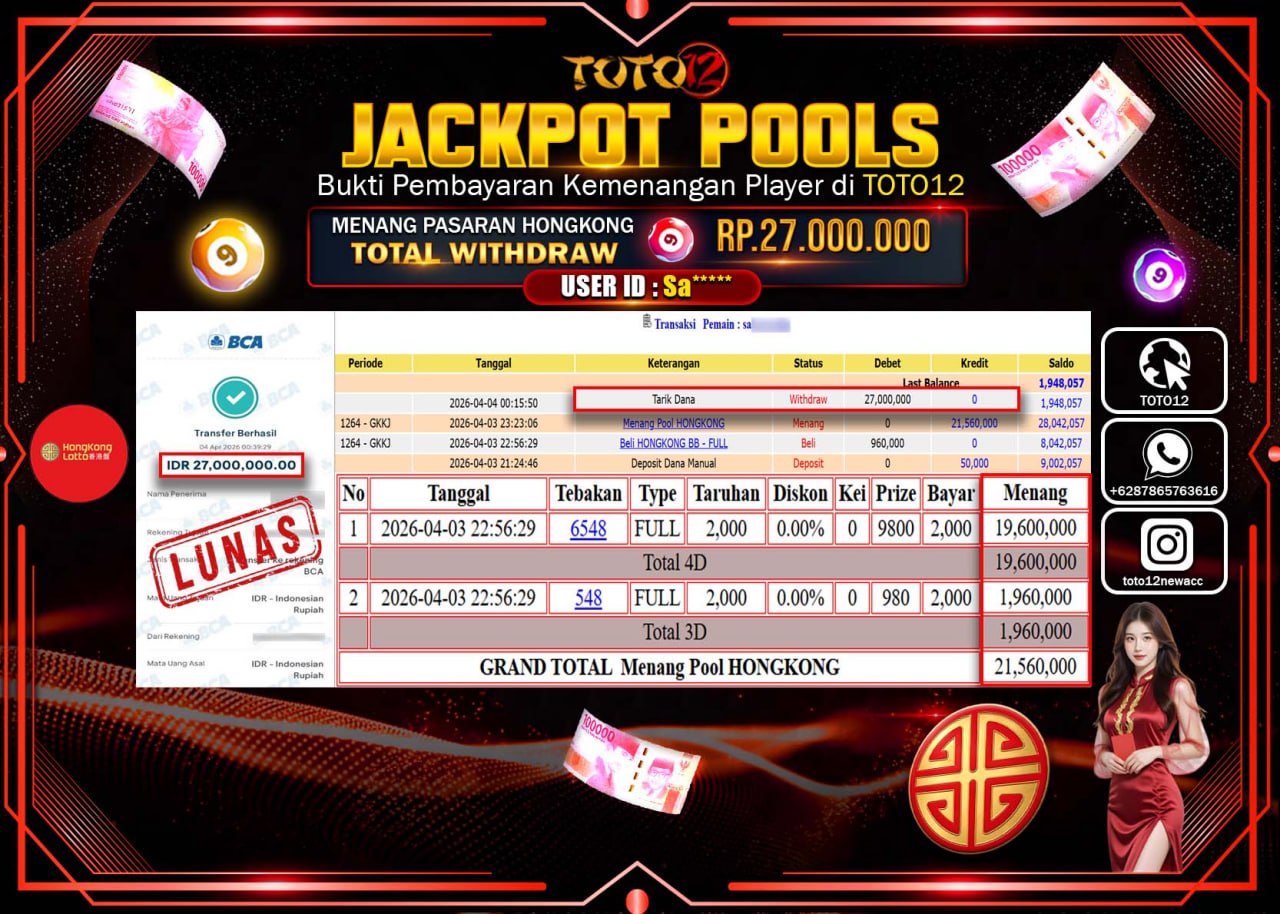 HANYA DI TOTO12 JP PASTI DI BAYAR LUNAS DAN CEPAT!!!!!! JACKPOT POOLS PASARAN( HONGKONG ) Rp.27.000.000!!!!