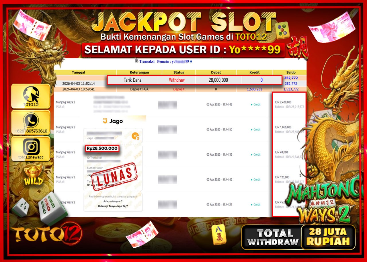 HANYA DI TOTO12 JP PASTI DI BAYAR LUNAS DAN CEPAT!!!!!! JACKPOT SLOT GAME (MAHJONG WAYS 2) Rp.28.000.000!!!!