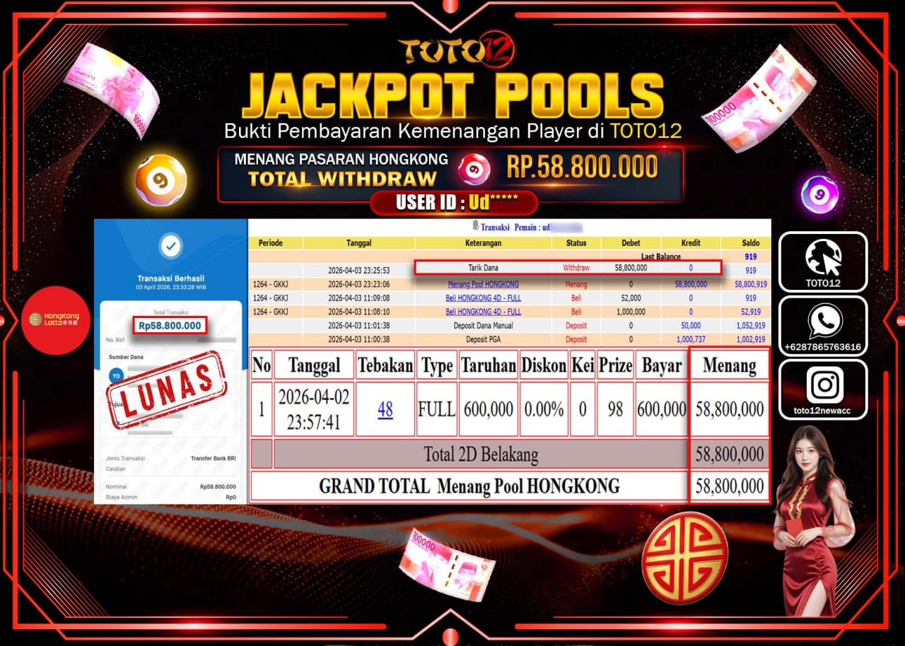 HANYA DI TOTO12 JP PASTI DI BAYAR LUNAS DAN CEPAT!!!!!! JACKPOT POOLS PASARAN( HONGKONG ) Rp.58.800.000!!!!