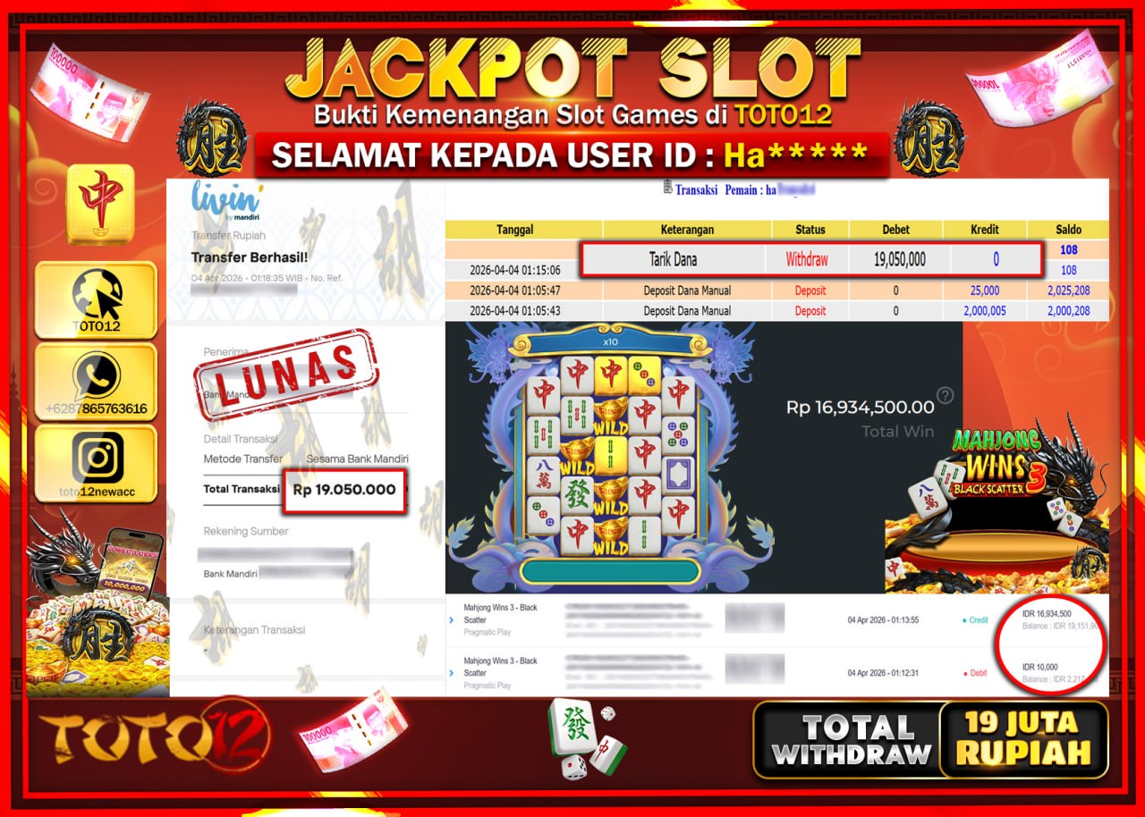 HANYA DI TOTO12 JP PASTI DI BAYAR LUNAS DAN CEPAT!!!!!! JACKPOT SLOT GAME (MAHJONG WINS 3 BLACK SCATTER) Rp.19.050.000!!!!