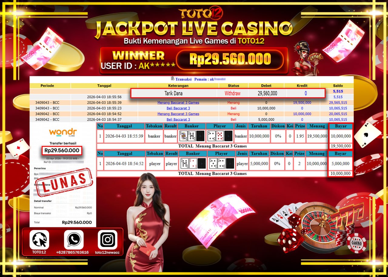 HANYA DI TOTO12 JP PASTI DI BAYAR LUNAS DAN CEPAT!!!!!! JACKPOT LIVE GAMES CASINO (BACCARAT 3) Rp.29.560.000!!!!