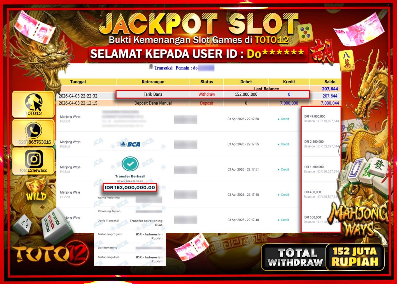 HANYA DI TOTO12 JP PASTI DI BAYAR LUNAS DAN CEPAT!!!!!! JACKPOT SLOT GAME (MAHJONG WAYS) Rp.152.000.000!!!!