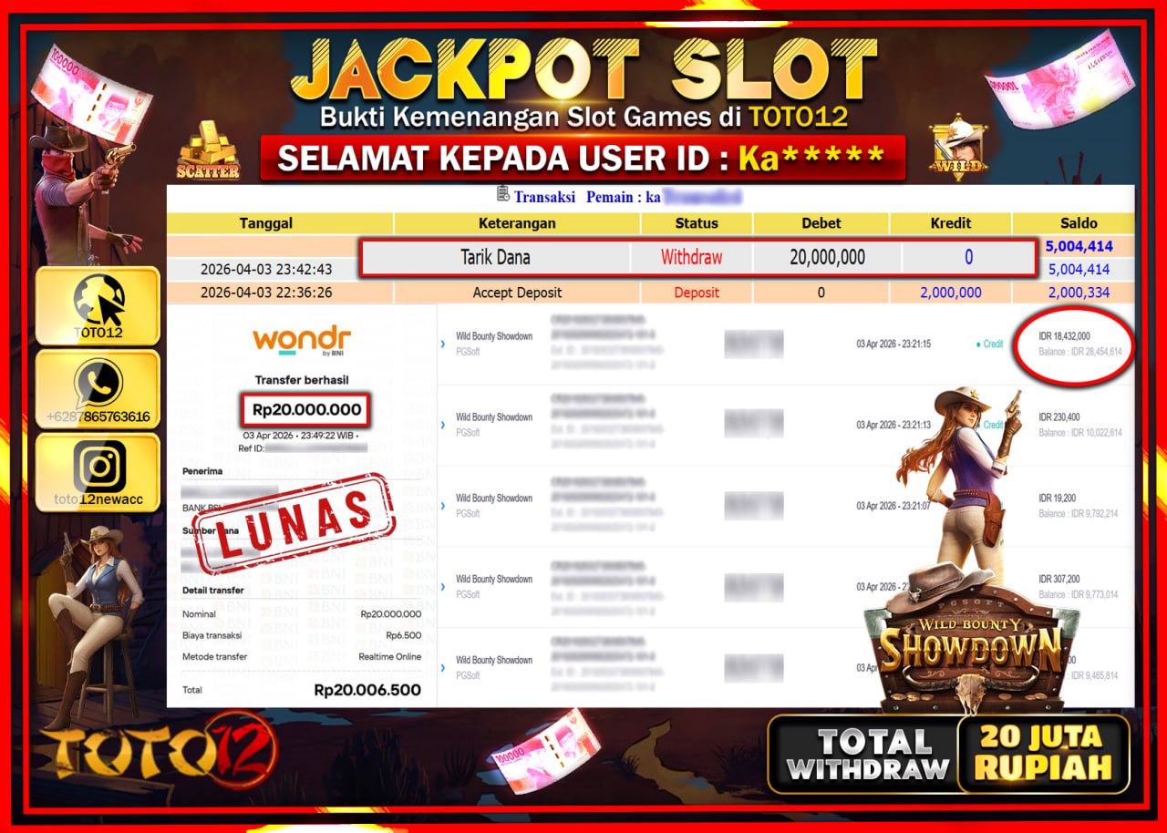 HANYA DI TOTO12 JP PASTI DI BAYAR LUNAS DAN CEPAT!!!!!! JACKPOT SLOT GAME (WILD BOUNTY SHOWDOWN) Rp.20.000.000!!!!