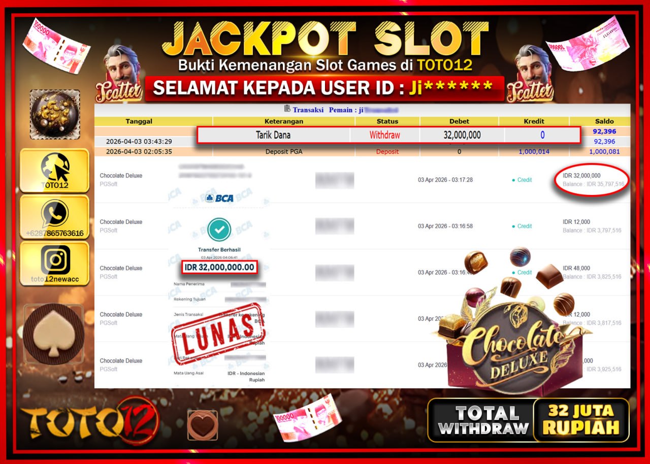 HANYA DI TOTO12 JP PASTI DI BAYAR LUNAS DAN CEPAT!!!!!! JACKPOT SLOT GAME (CHOCOLATE DELUXE) Rp.32.000.000!!!!