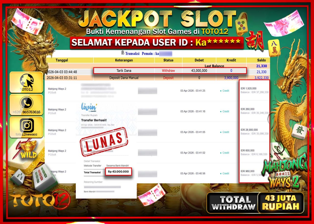 HANYA DI TOTO12 JP PASTI DI BAYAR LUNAS DAN CEPAT!!!!!! JACKPOT SLOT GAME (MAHJONG WAYS 2) Rp.43.000.000!!!!