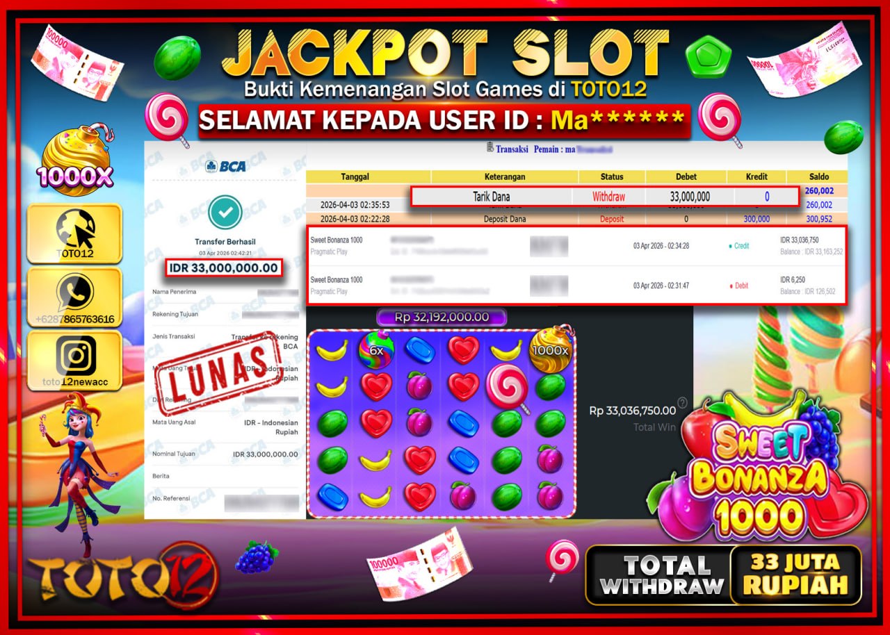 HANYA DI TOTO12 JP PASTI DI BAYAR LUNAS DAN CEPAT!!!!!! JACKPOT SLOT GAME (SWEET BONANZA 1000) Rp.33.000.000!!!!