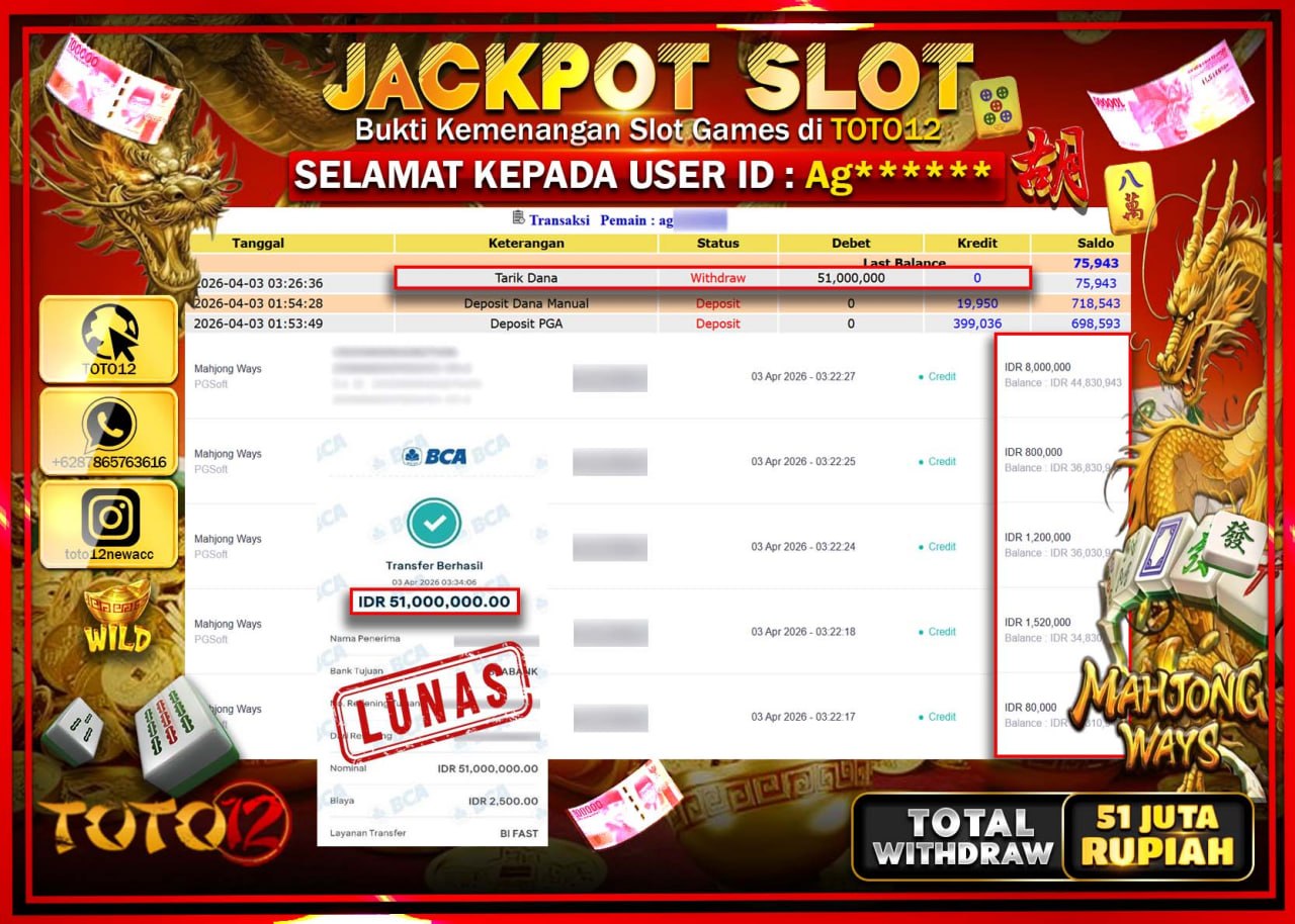 HANYA DI TOTO12 JP PASTI DI BAYAR LUNAS DAN CEPAT!!!!!! JACKPOT SLOT GAME (MAHJONG WAYS) Rp.51.000.000!!!!