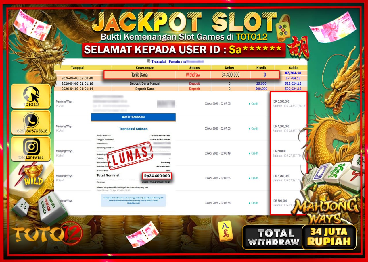 HANYA DI TOTO12 JP PASTI DI BAYAR LUNAS DAN CEPAT!!!!!! JACKPOT SLOT GAME (MAHJONG WAYS) Rp.34.400.000!!!!