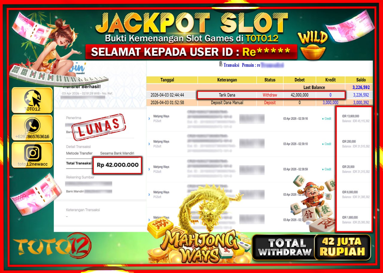 HANYA DI TOTO12 JP PASTI DI BAYAR LUNAS DAN CEPAT!!!!!! JACKPOT SLOT GAME (MAHJONG WAYS) Rp.42.000.000!!!!