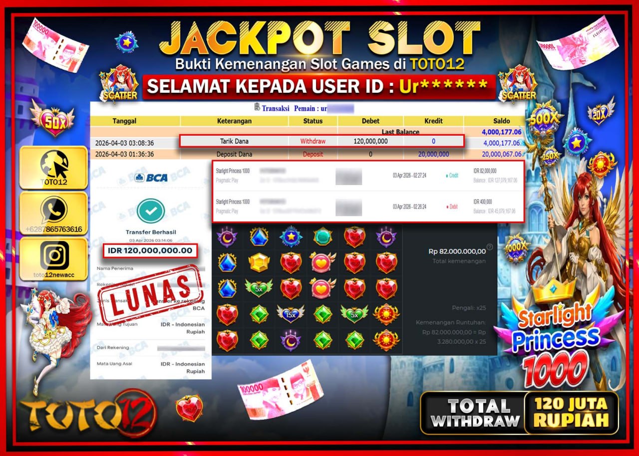 HANYA DI TOTO12 JP PASTI DI BAYAR LUNAS DAN CEPAT!!!!!! JACKPOT SLOT GAME (STARLIGHT PRINCESS 1000) Rp.120.000.000!!!!