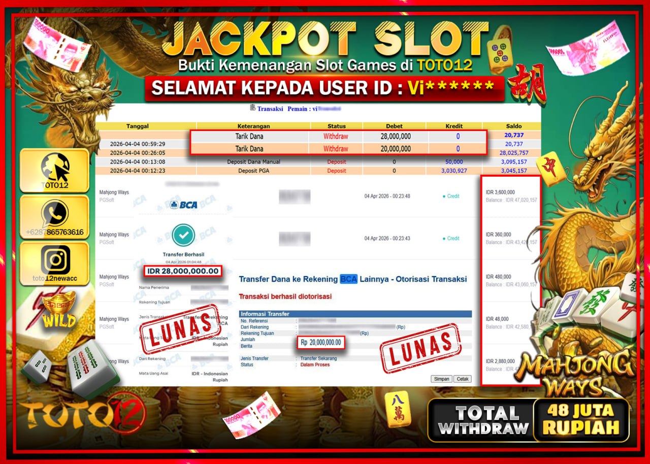 HANYA DI TOTO12 JP PASTI DI BAYAR LUNAS DAN CEPAT!!!!!! JACKPOT SLOT GAME (MAHJONG WAYS) Rp.48.000.000!!!!
