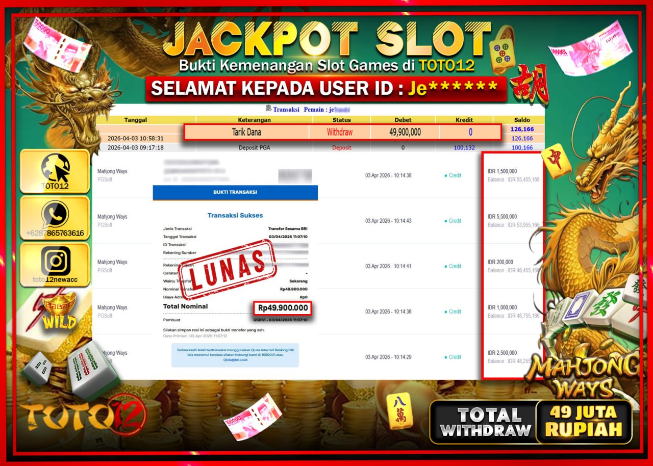 HANYA DI TOTO12 JP PASTI DI BAYAR LUNAS DAN CEPAT!!!!!! JACKPOT SLOT GAME (MAHJONG WAYS) Rp.49.900.000!!!!