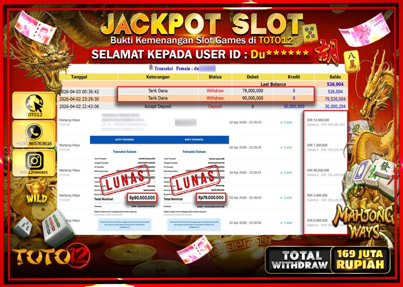 HANYA DI TOTO12 JP PASTI DI BAYAR LUNAS DAN CEPAT!!!!!! JACKPOT SLOT GAME (MAHJONG WAYS) Rp.169.000.000!!!!