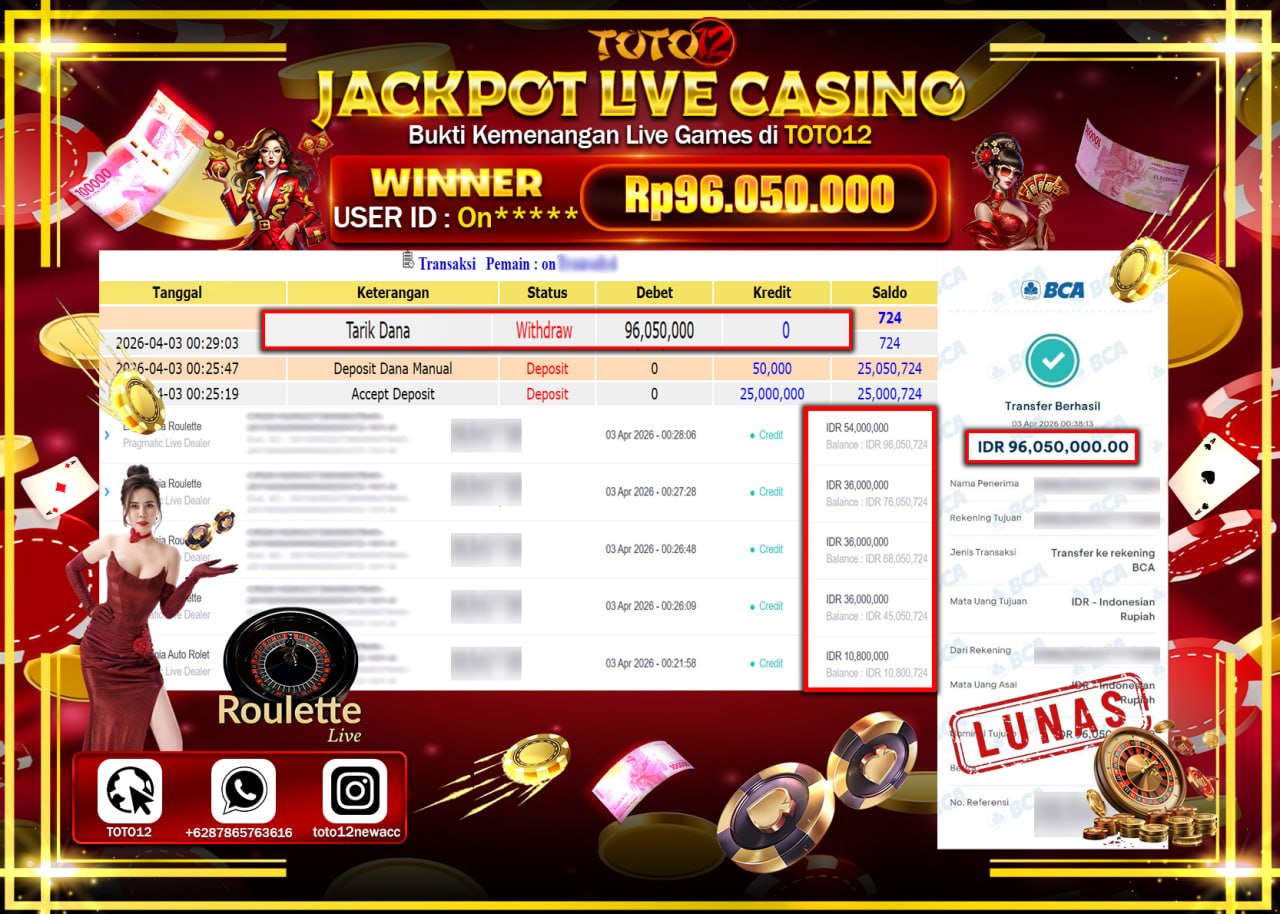 HANYA DI TOTO12 JP PASTI DI BAYAR LUNAS DAN CEPAT!!!!!! JACKPOT LIVE GAMES CASINO (INDONESIA ROULETTE) Rp.96.050.000!!!!
