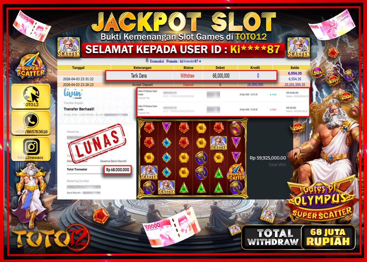 HANYA DI TOTO12 JP PASTI DI BAYAR LUNAS DAN CEPAT!!!!!! JACKPOT SLOT GAME (GATES OF OLYMPUS SUPER SCATTER) Rp.68.000.000!!!!