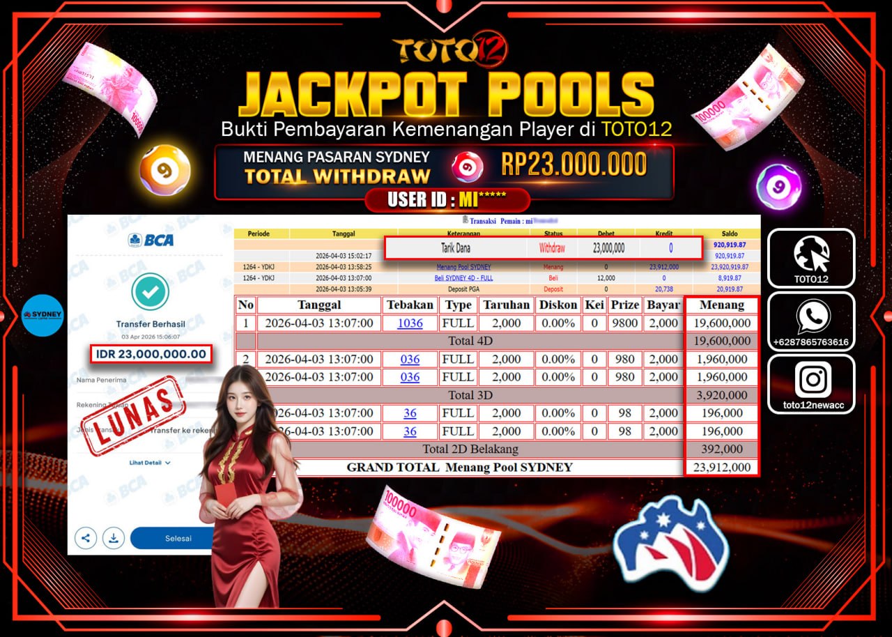 HANYA DI TOTO12 JP PASTI DI BAYAR LUNAS DAN CEPAT!!!!!! JACKPOT POOLS PASARAN( SYDNEY ) Rp.23.000.000!!!!